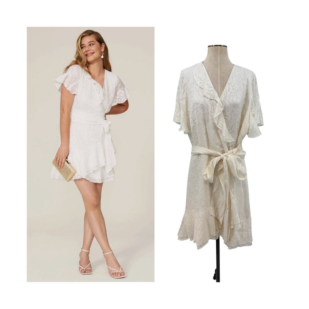 Tanya Taylor Bianka II Silk Blend Floral Burnout Wrap Ruffle Dress Ivory Size 18